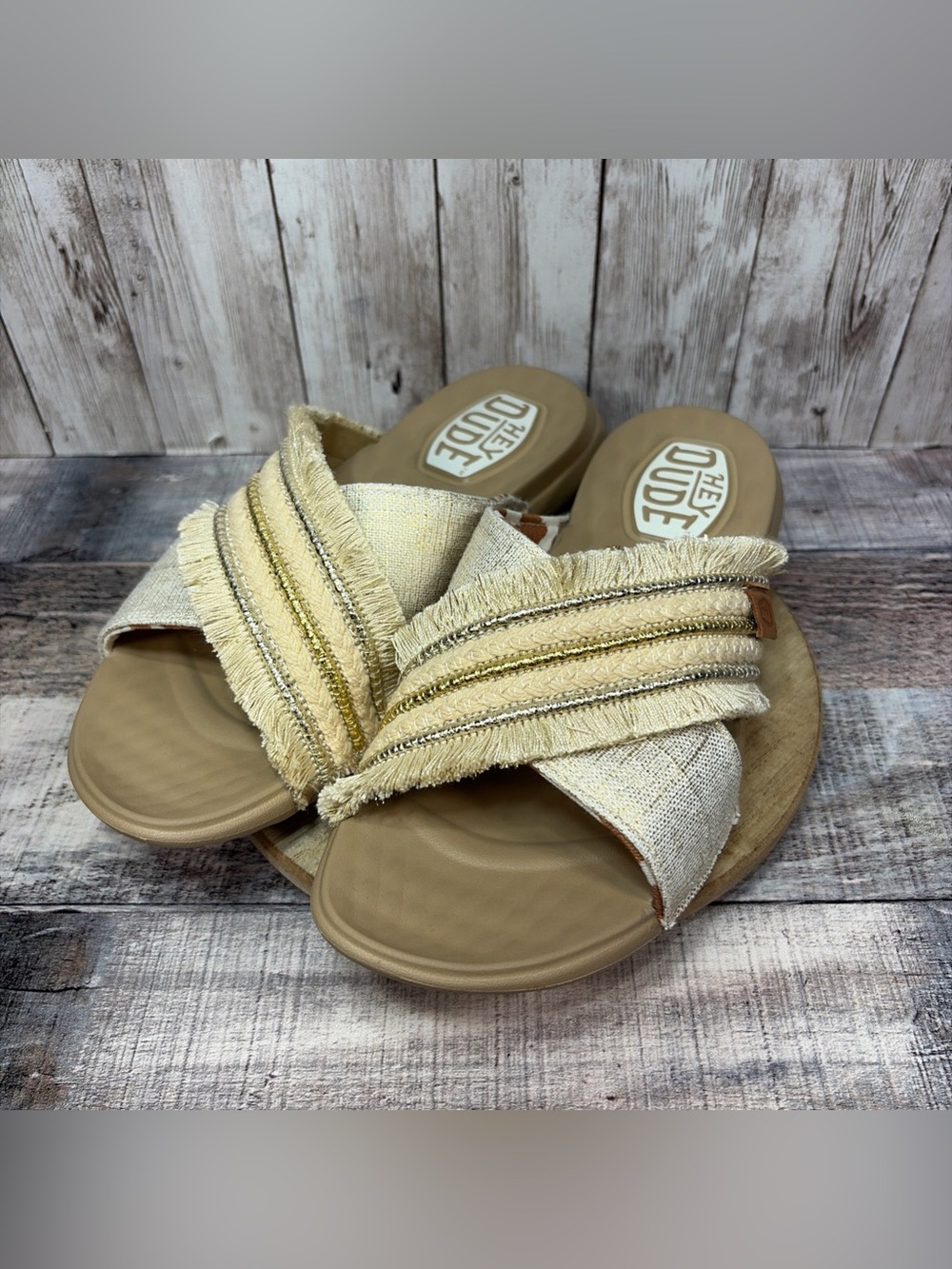 Hey Dude Christi Women’s Slide Novelty Fringe Sandals 'Natural/Gold' Size 6